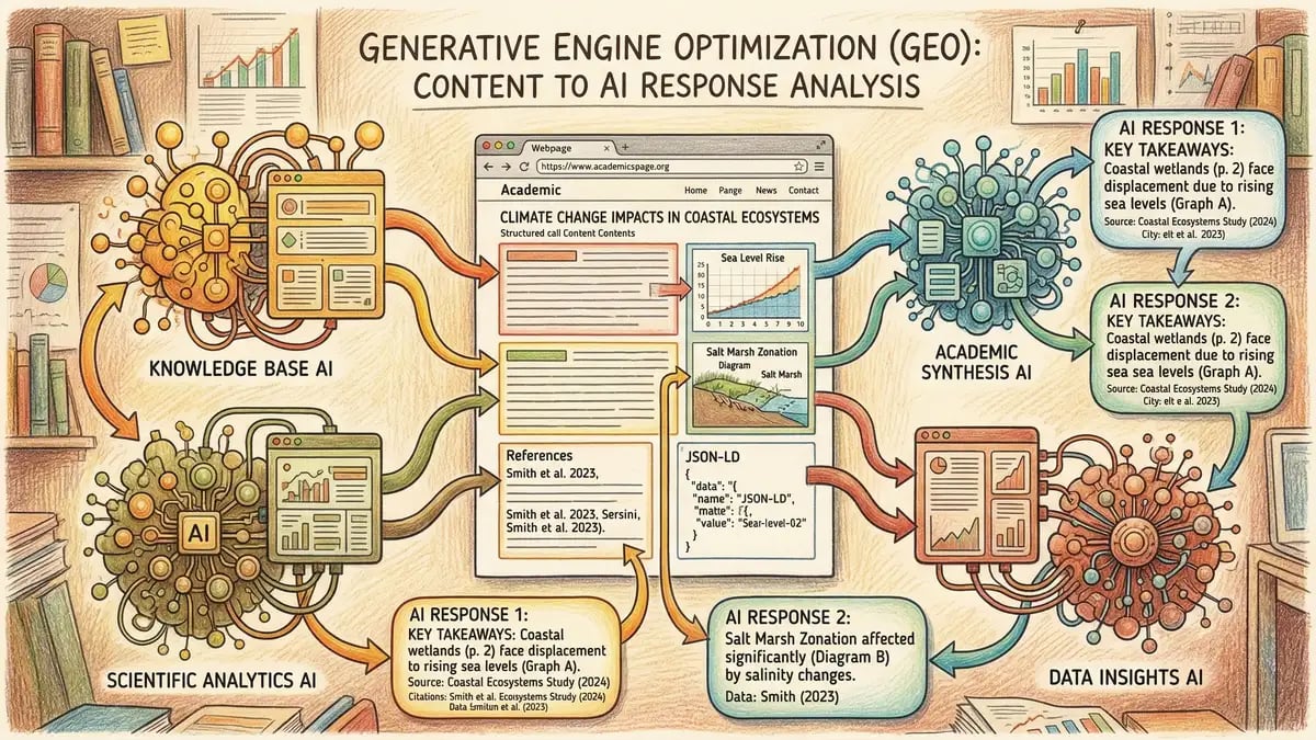 Illustration of Generative Engine Optimisation showing structured web content being analysed and cited by multiple AI search platforms