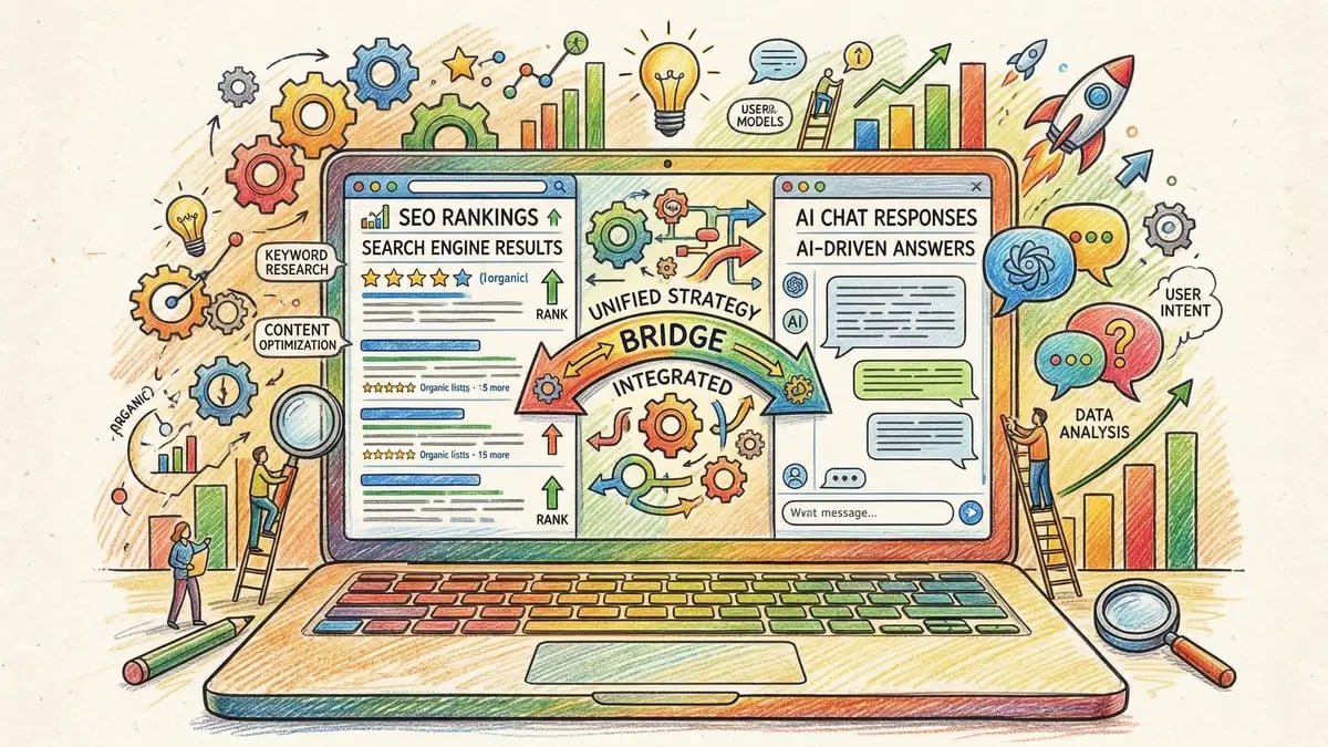 Illustration of integrated SEO and AI optimisation strategy showing traditional search rankings and AI chat responses connected by a bridge