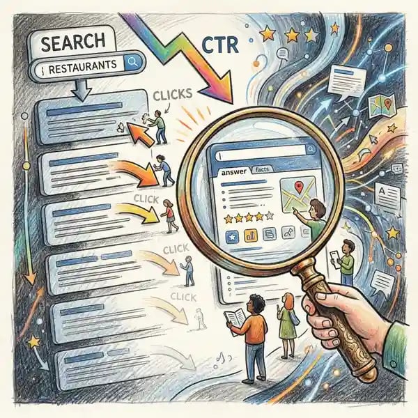 Pencil crayon illustration depicting zero-click searches with fading arrows on a search results page and a magnifying glass