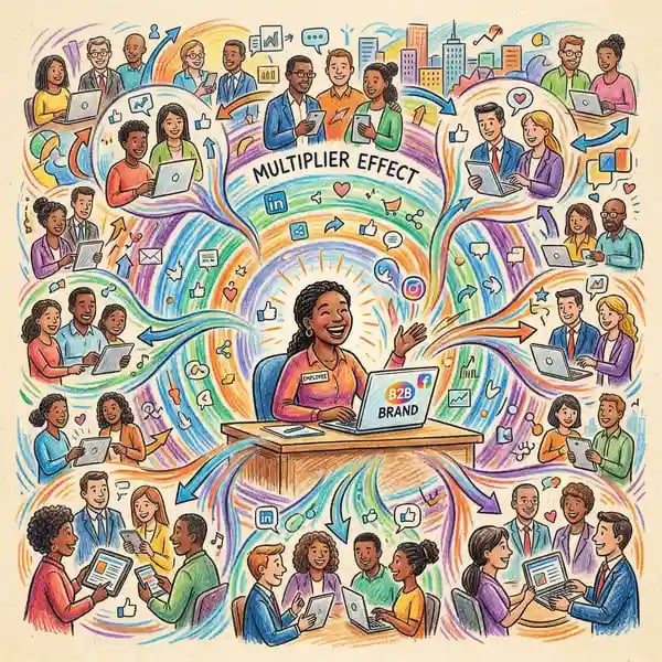 Pencil-crayon illustration of employee advocacy showing a person sharing content that radiates outward in colourful waves to many people