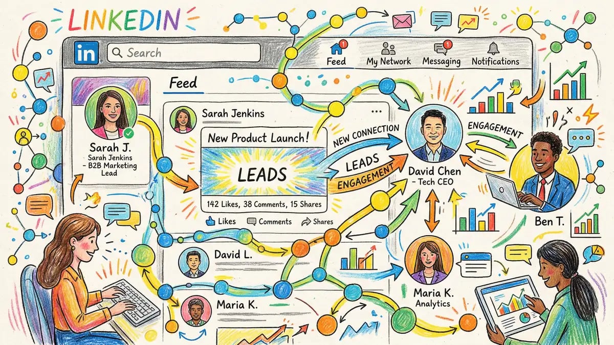 Pencil-crayon illustration of LinkedIn B2B lead generation with professional profile connections and engagement metrics