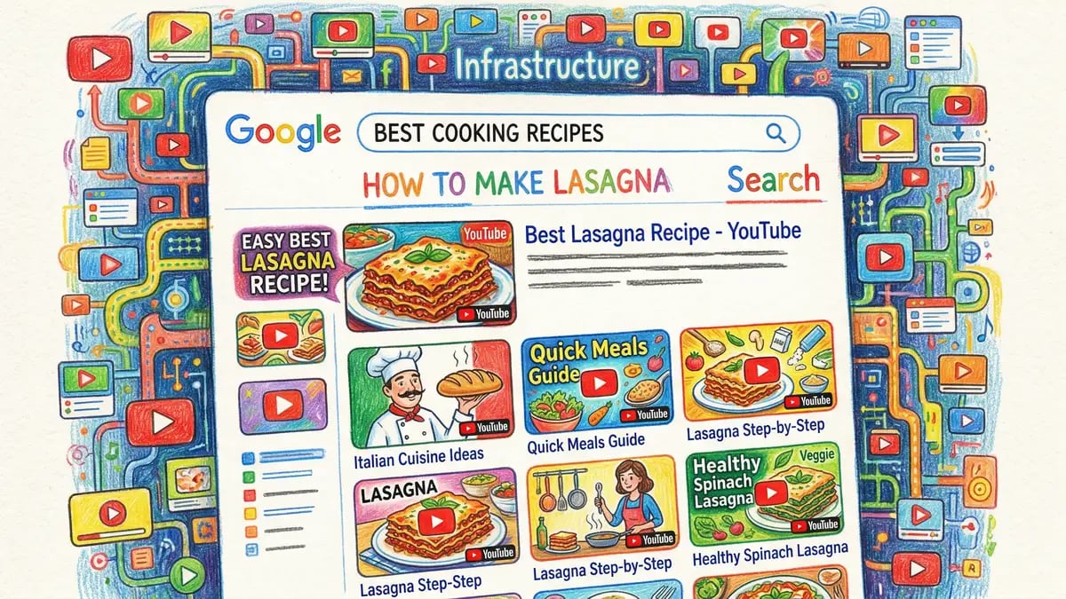 Pencil-crayon illustration of YouTube video thumbnails appearing inside Google search results showing video and search engine integration