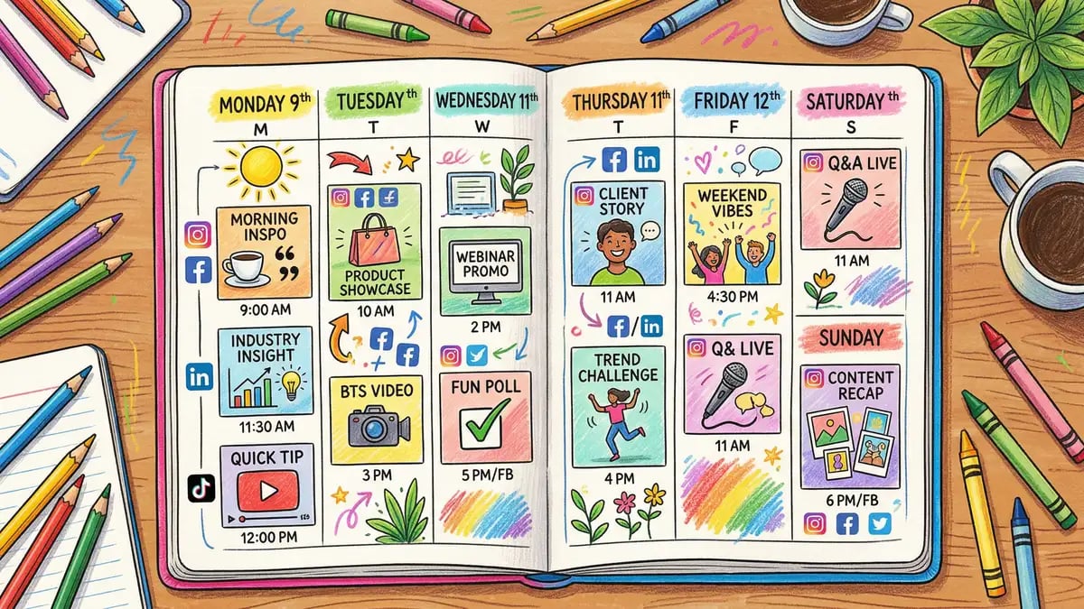 B2B Instagram content calendar showing mix of Reels, carousels, and Stories scheduling