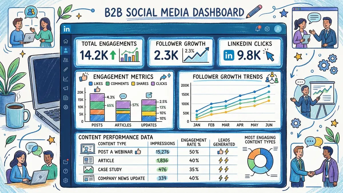 B2B social media marketing dashboard showing LinkedIn analytics, engagement metrics, and content performance data