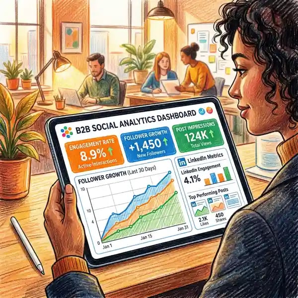 Social media analytics dashboard showing LinkedIn engagement metrics and follower growth
