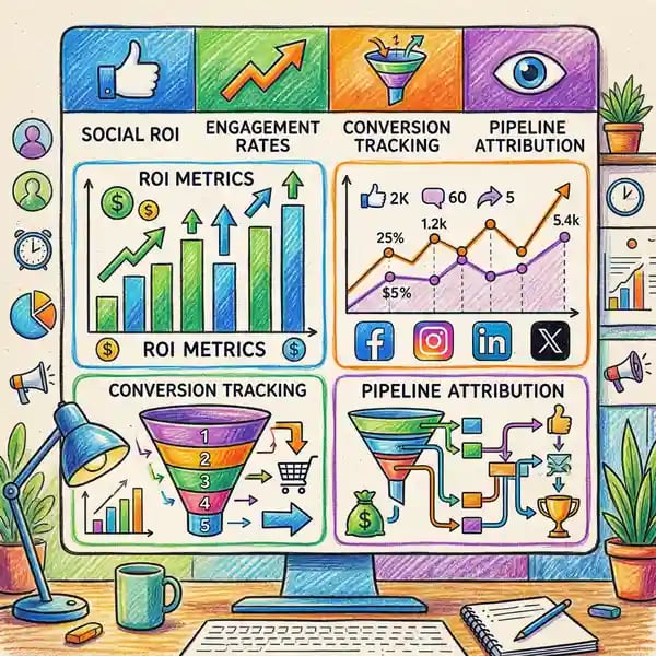 Social media ROI dashboard displaying analytics, engagement metrics, and revenue attribution data