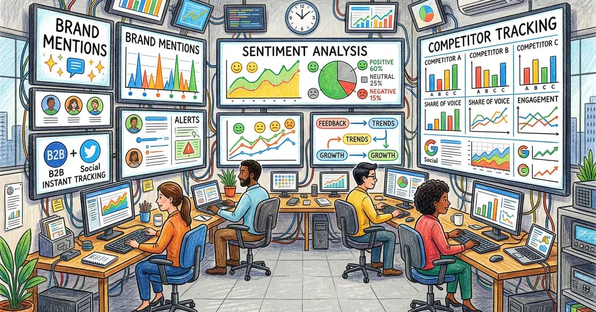 Digital marketer analyzing social media monitoring dashboard with real-time engagement metrics