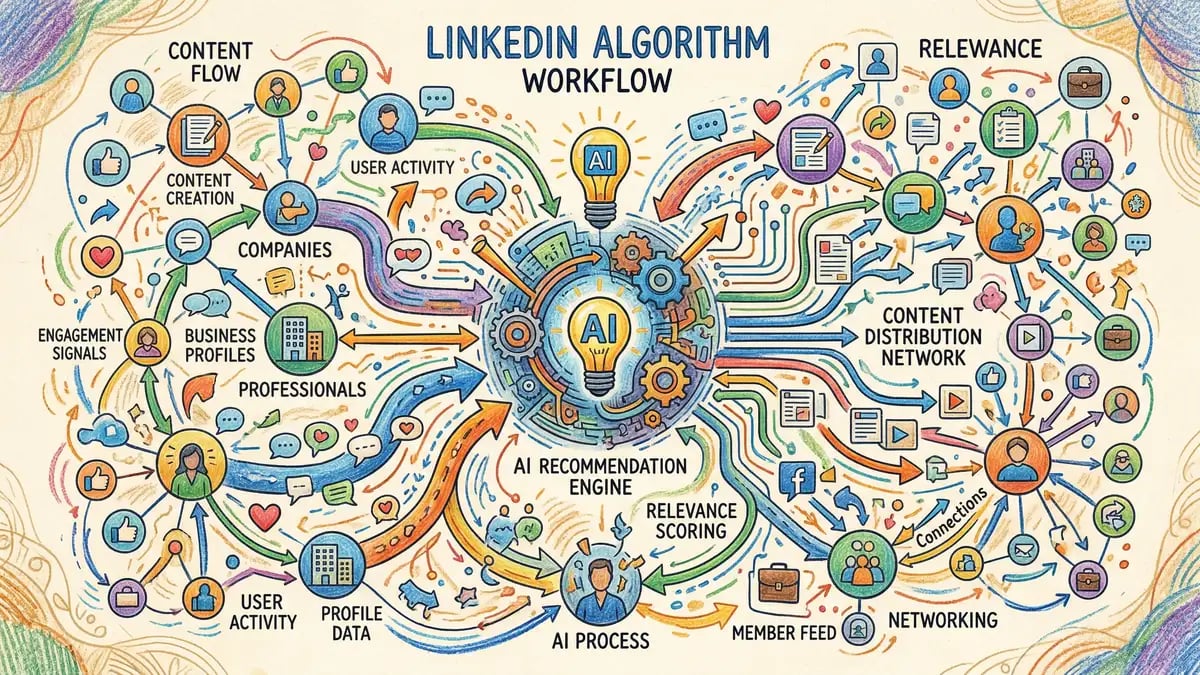 LinkedIn algorithm and social media platform complexity showing interconnected AI recommendation nodes