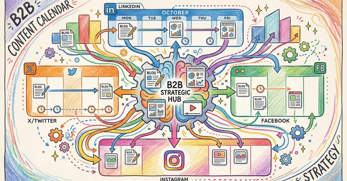 Social publishing strategy showing content distribution across LinkedIn, X, Facebook, and Instagram platforms