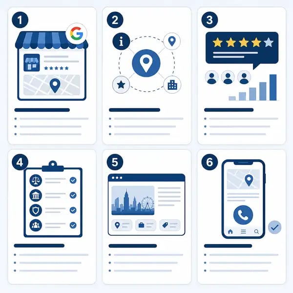 Six key local ranking factors for solicitors as numbered cards: Google Business Profile, NAP consistency, reviews, citations, on-page local content and mobile UX