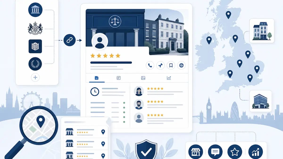 Local SEO ecosystem for UK solicitors showing Google Business Profile, citation directories, review stars and a UK map with pins for solicitor offices in navy blue and ivory palette