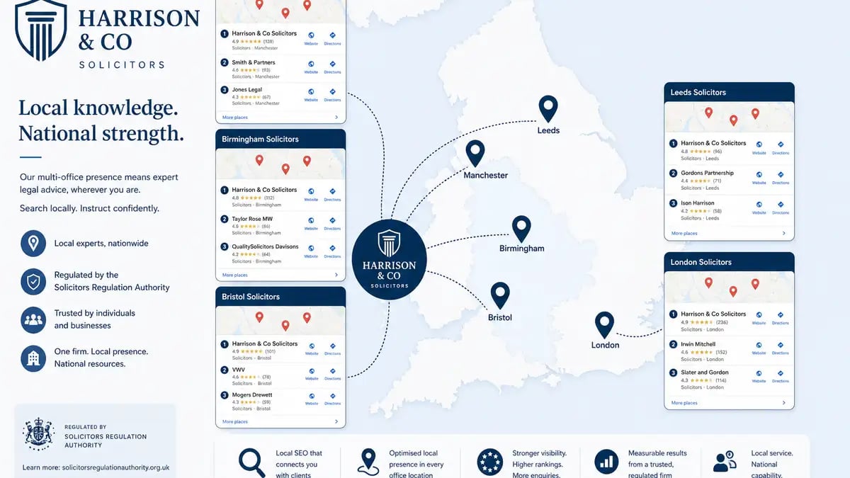 UK map showing a multi-office solicitor firm with distinct local pack visibility for each city location in navy blue palette