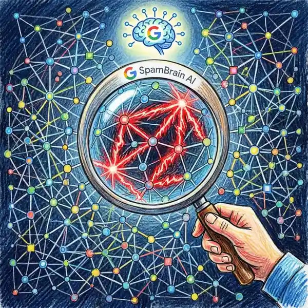 Google SpamBrain AI detection system showing 40 billion spam pages analyzed daily with pattern recognition technology