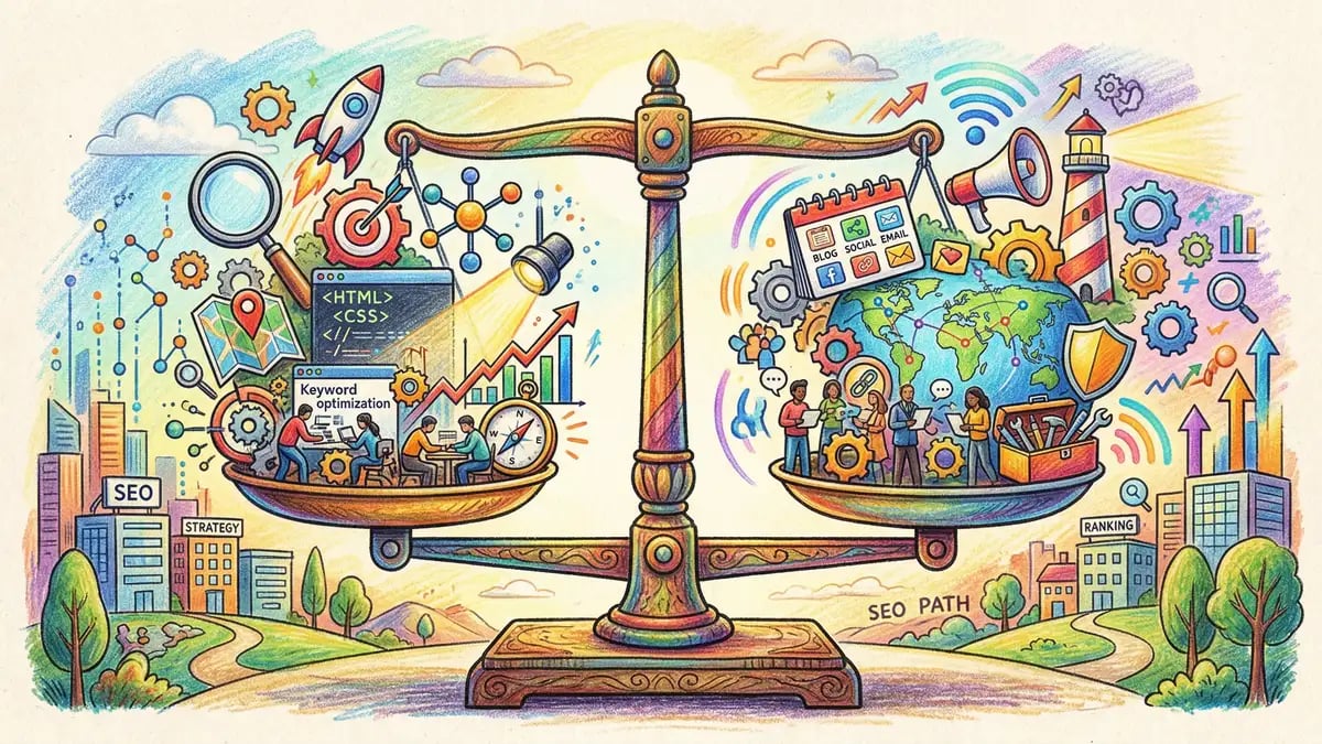 Illustration of a balanced scale weighing specialist SEO expertise against generalist agency capabilities, representing the agency selection decision