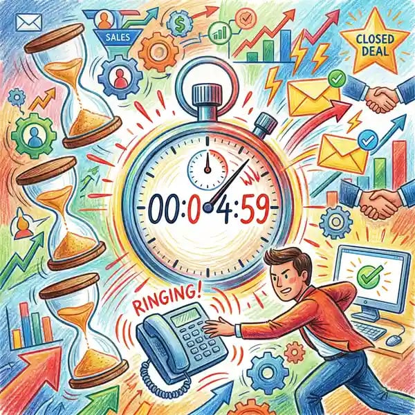 Speed-to-lead urgency concept showing stopwatch and B2B sales response time metrics