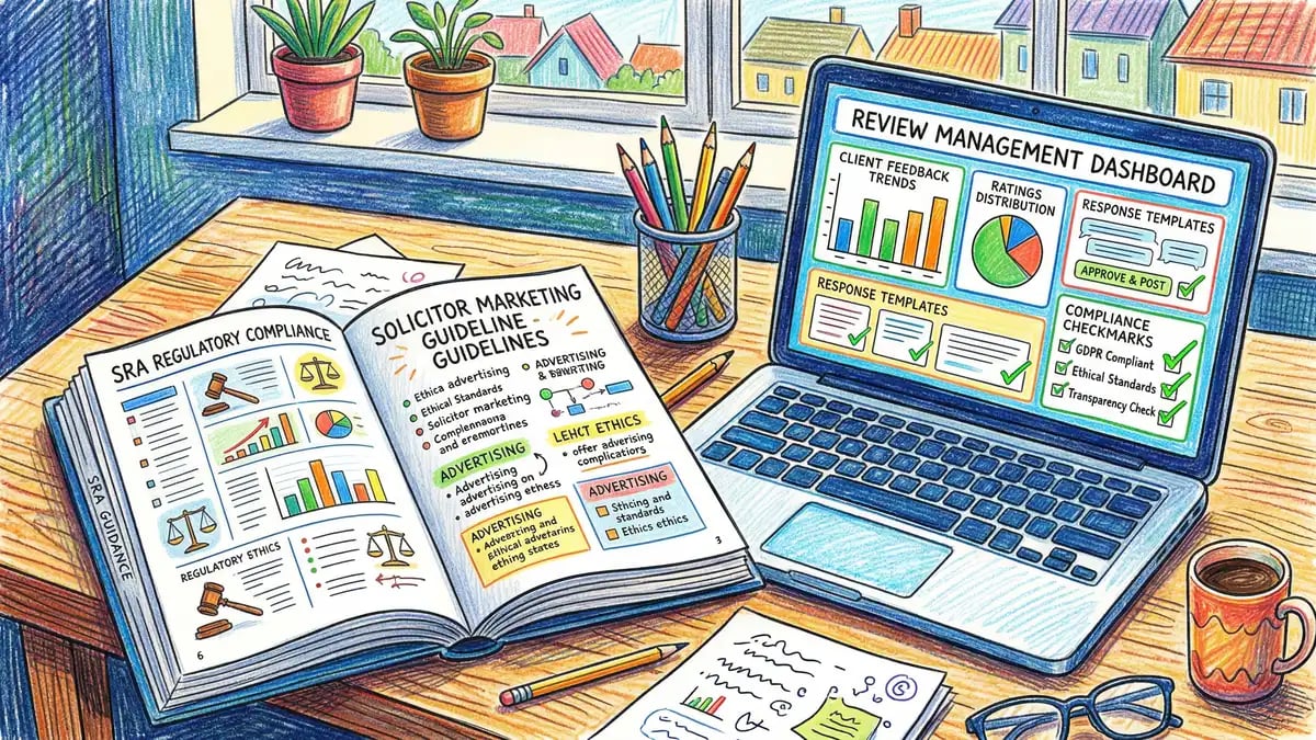SRA regulatory compliance documents and solicitor marketing guidelines with law firm review management dashboard on laptop screen