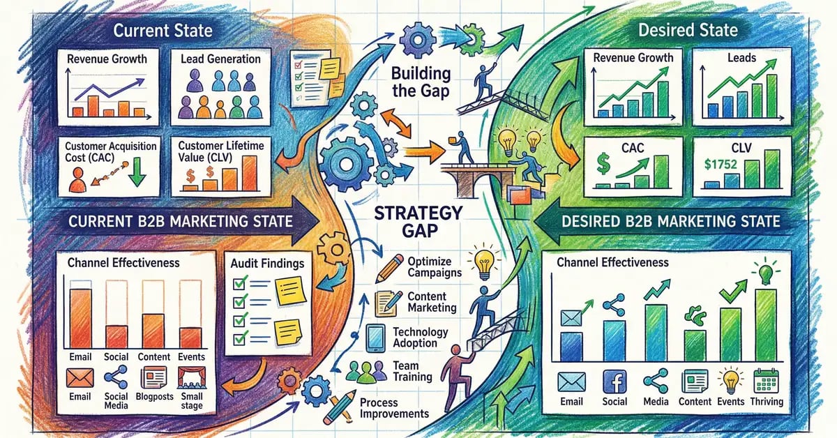 B2B marketing strategy audit framework showing traffic sources, conversion rates, and attribution analysis in HubSpot dashboard