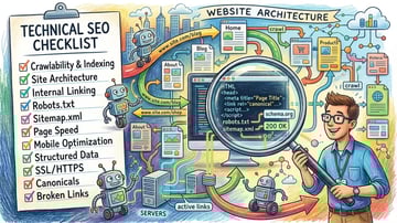 Technical SEO audit checklist showing search engine crawl paths, server connections, and website structure analysis with magnifying glass