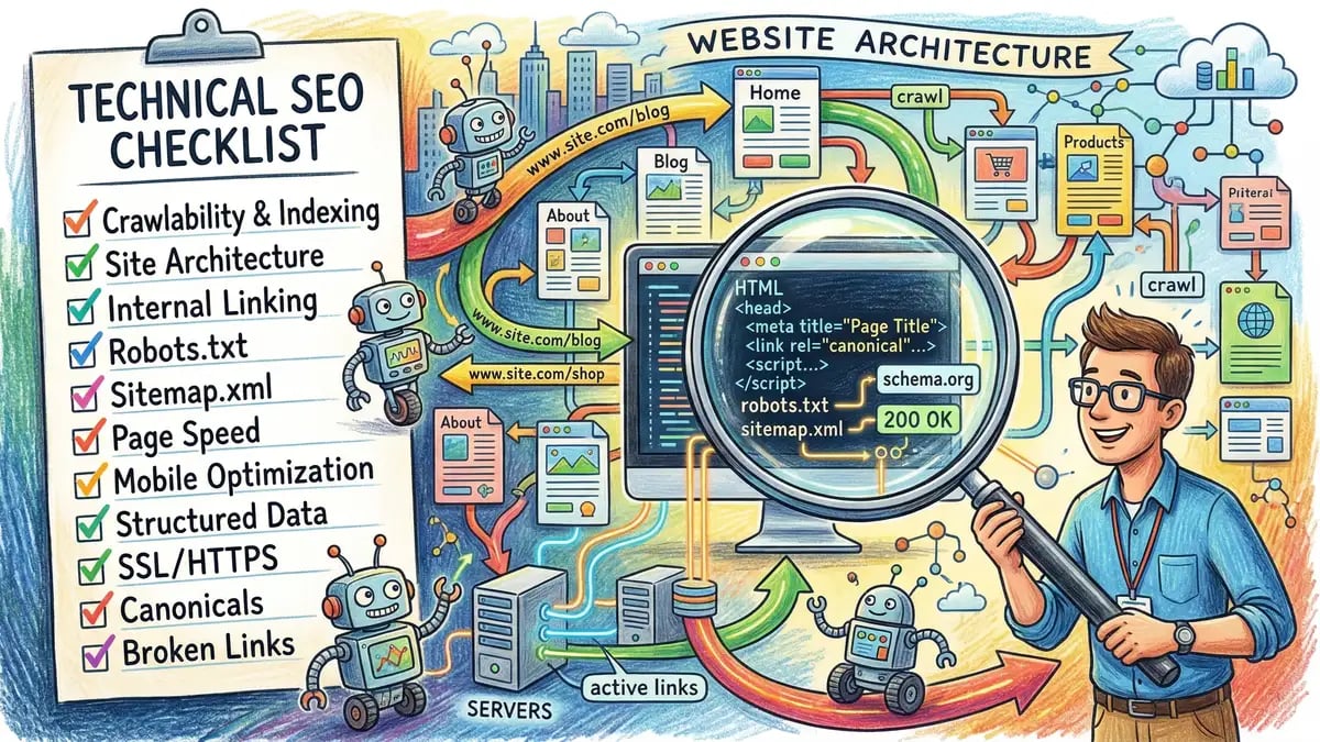 Technical SEO audit checklist showing search engine crawl paths, server connections, and website structure analysis with magnifying glass