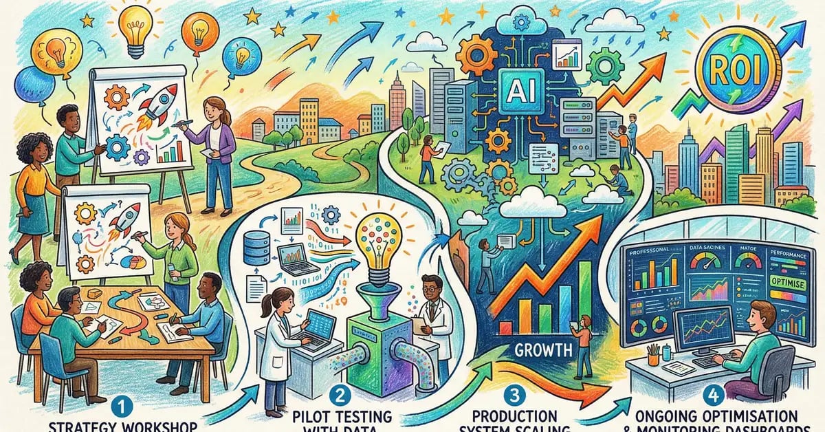 Illustration showing the AI consulting ROI journey through four phases from strategy and roadmap to production scaling and ongoing optimisation