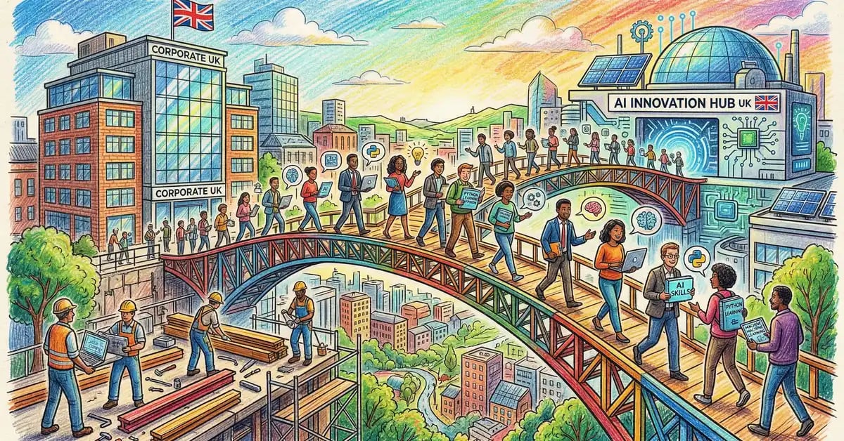 Illustration representing the UK AI skills gap with a bridge connecting corporate buildings to AI technology hubs through consulting expertise