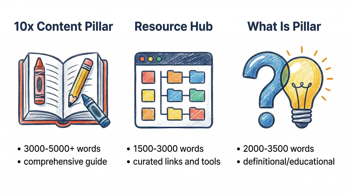 The three types of pillar pages compared: 10x Content Pillar, Resource Hub, and What Is Pillar