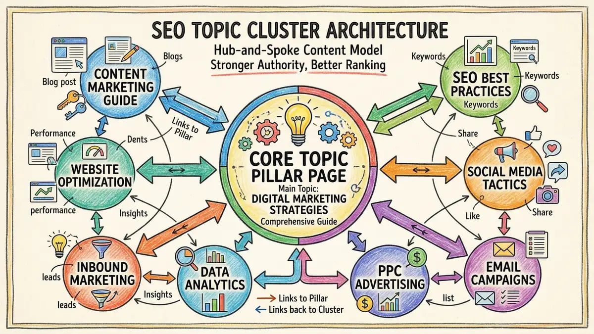 Hub-and-spoke topic cluster architecture showing central pillar page connected to multiple supporting cluster articles with bidirectional internal links