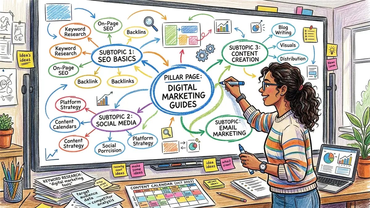 Content strategist building a topic cluster on a digital whiteboard mapping pillar pages to subtopic articles with keyword research notes