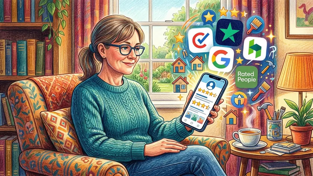 Consumer evaluating contractor star ratings on smartphone showing 4.5 star review threshold for hiring tradespeople