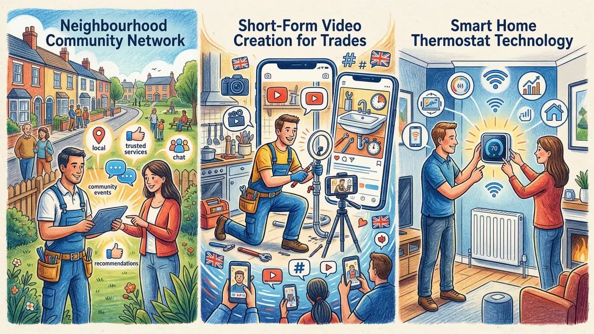 Emerging digital marketing platforms for UK contractors showing neighbourhood networks short-form video and smart home technology