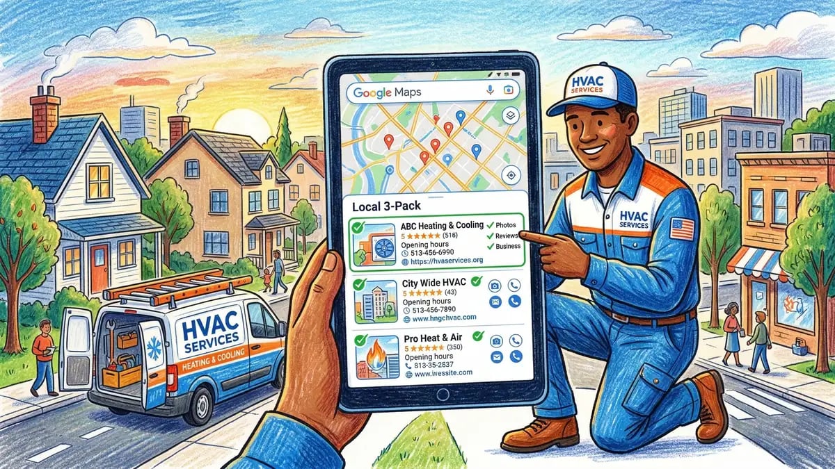 Google Business Profile optimisation for HVAC contractors showing local 3-pack map results