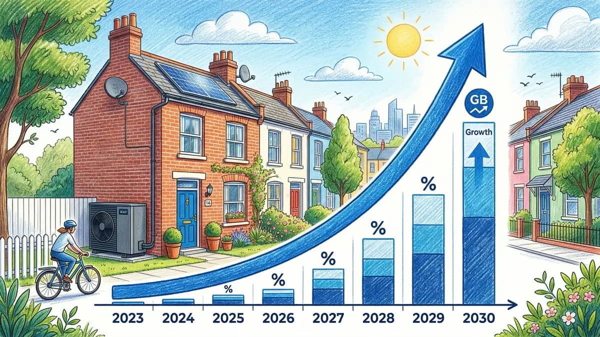 UK heat pump installation market growth showing rising demand from 2023 to 2030 with air-source unit outside British terraced house