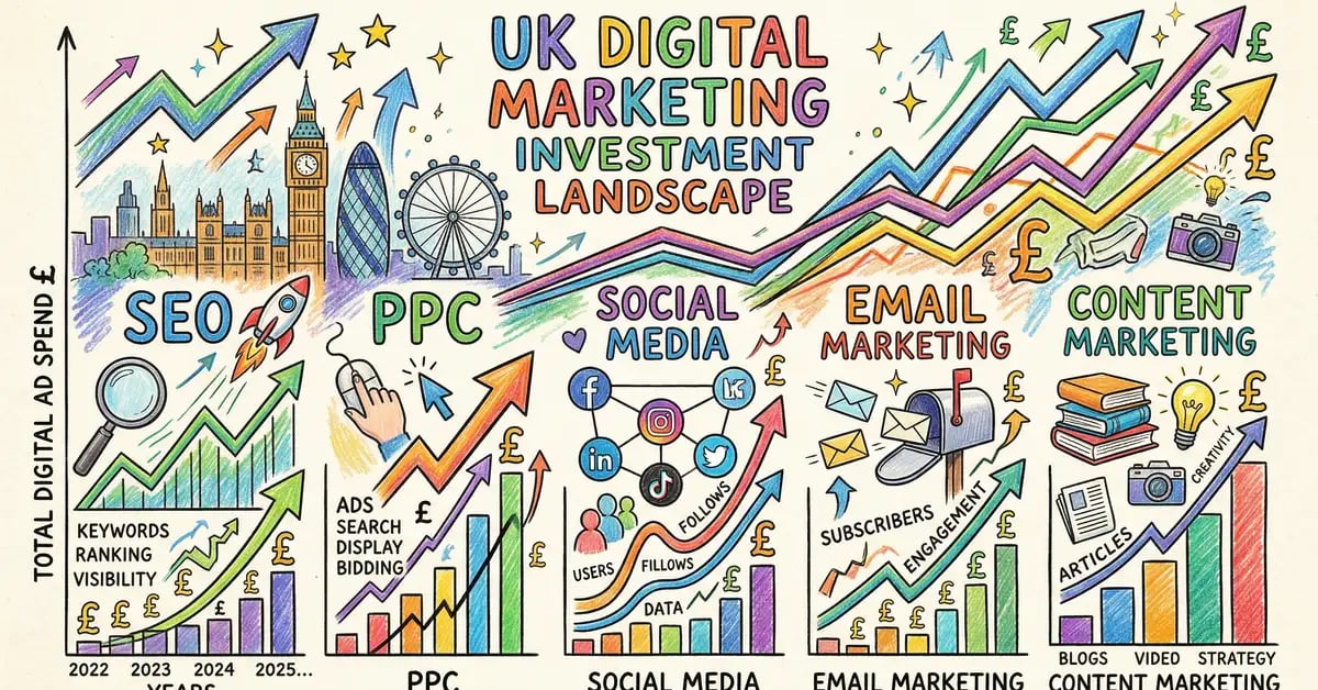 UK digital marketing investment landscape showing budget allocation across SEO, PPC, email, and content marketing channels