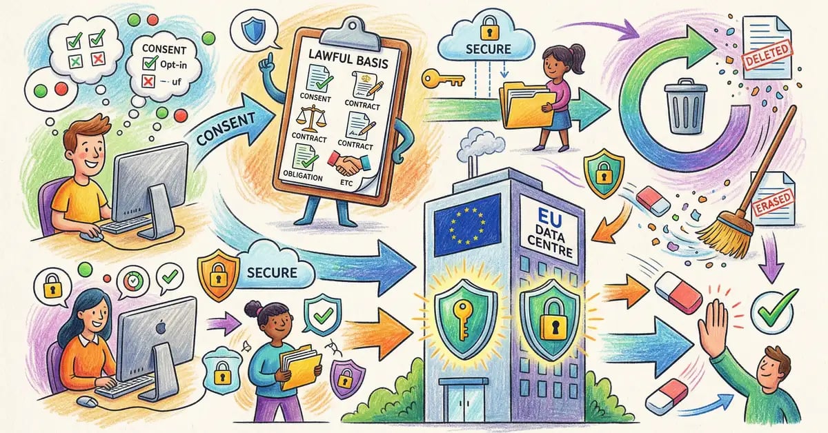 UK GDPR data compliance workflow showing consent tracking, data residency, and right to erasure processes for HubSpot Operations Hub