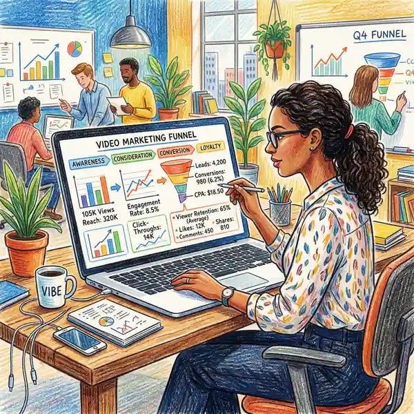 Business professional analysing B2B video marketing funnel stages and conversion metrics on laptop screen