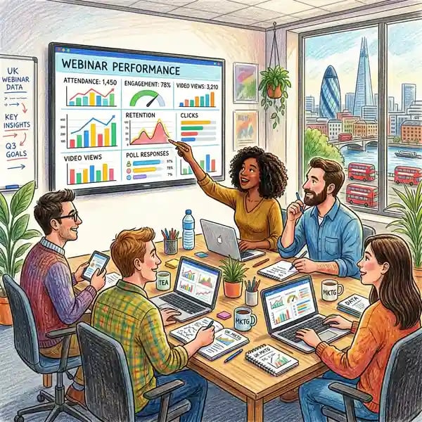 Pencil crayon illustration of a UK webinar presentation setup showing audience engagement metrics and live event analytics