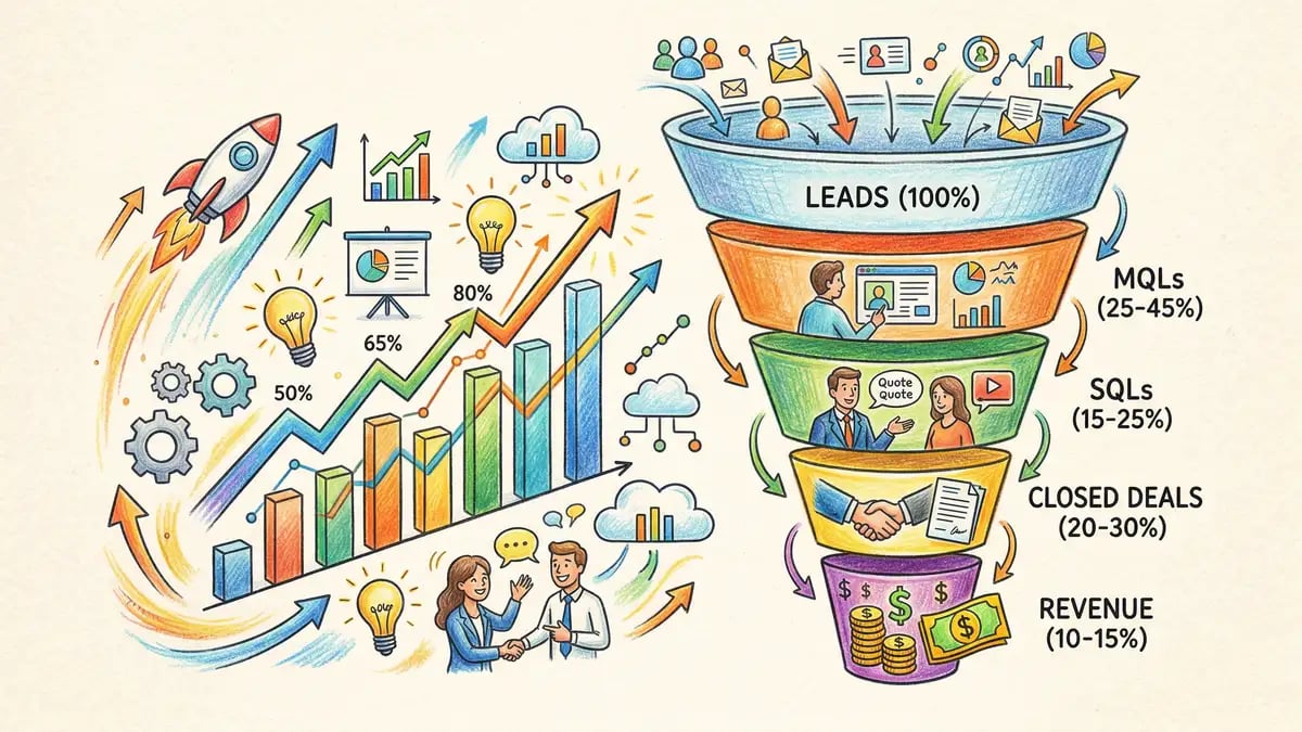 B2B video marketing funnel conversion benchmarks showing percentage rates at each stage from leads to revenue