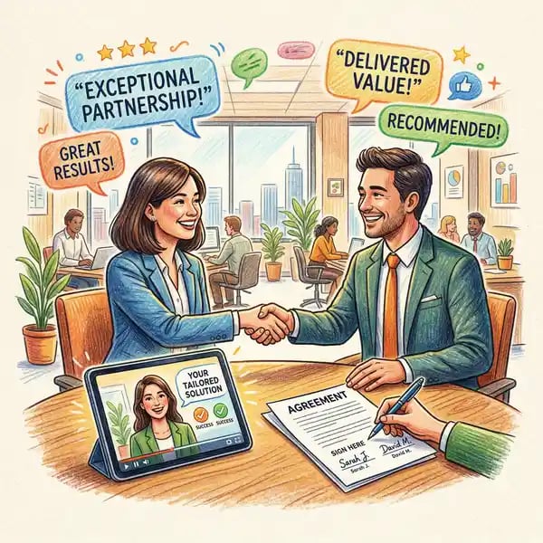 B2B decision stage with personalised video proposal on screen and deal closing handshake moment