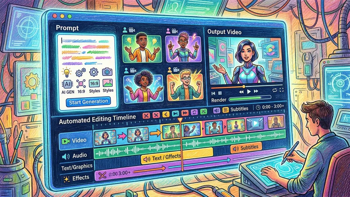 AI-powered video creation tools showing text-to-video generation with digital avatars and automated editing timeline