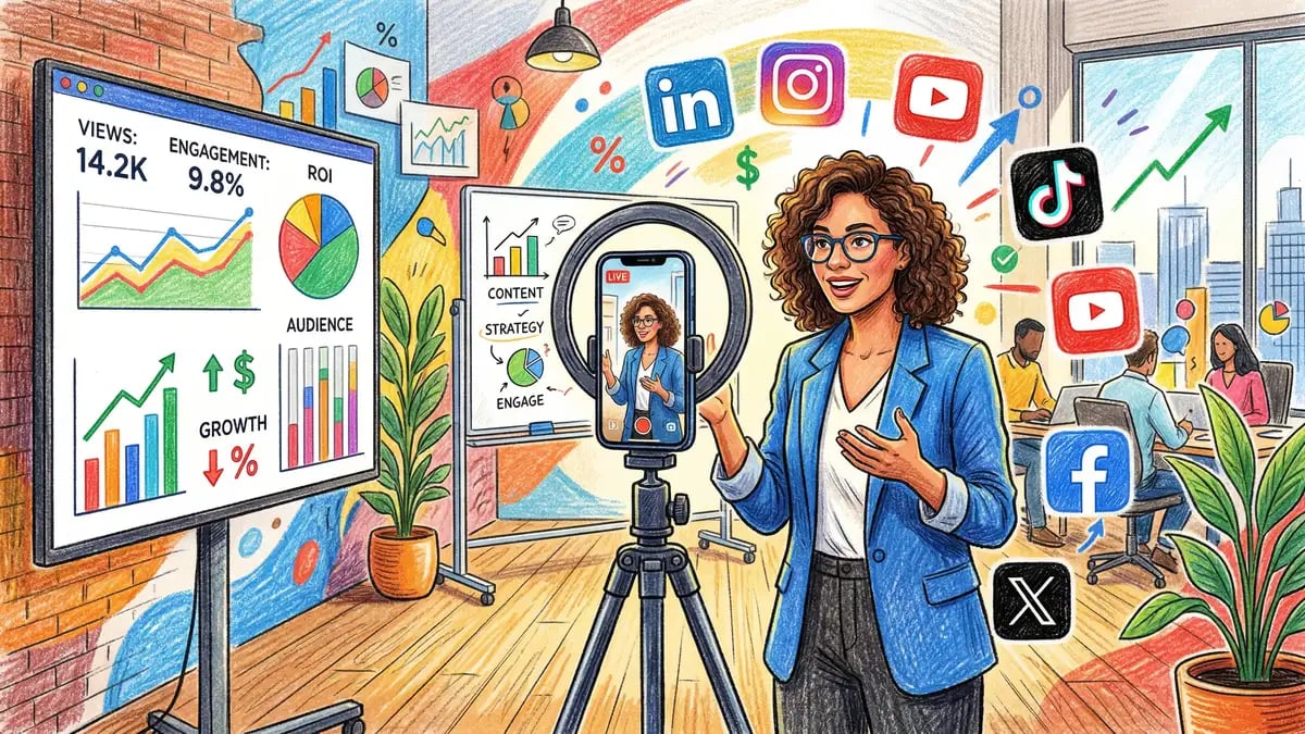 Professional video marketing setup showing smartphone recording vertical video content with analytics dashboards