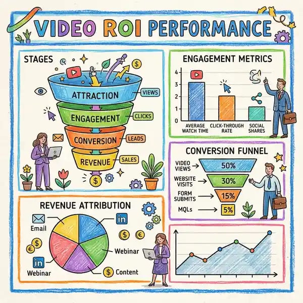 Video ROI measurement dashboard showing conversion funnels and engagement metrics for B2B marketing