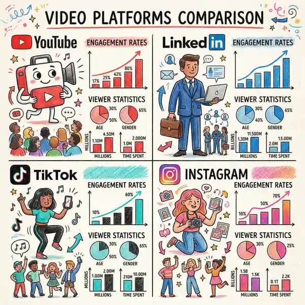 Social media video platforms comparison showing YouTube, LinkedIn, TikTok and Instagram with engagement metrics