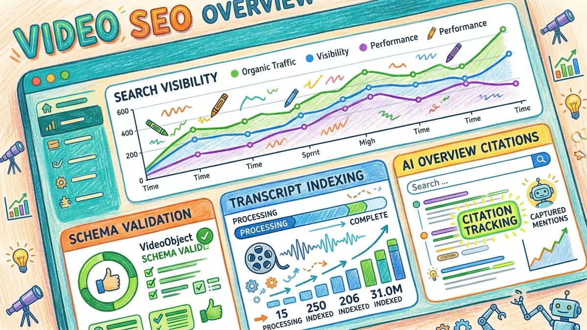 Analytics dashboard showing video performance metrics including watch time, engagement, conversion rates, and audience retention graphs