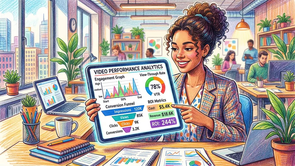 Video marketing analytics dashboard showing KPIs and conversion metrics