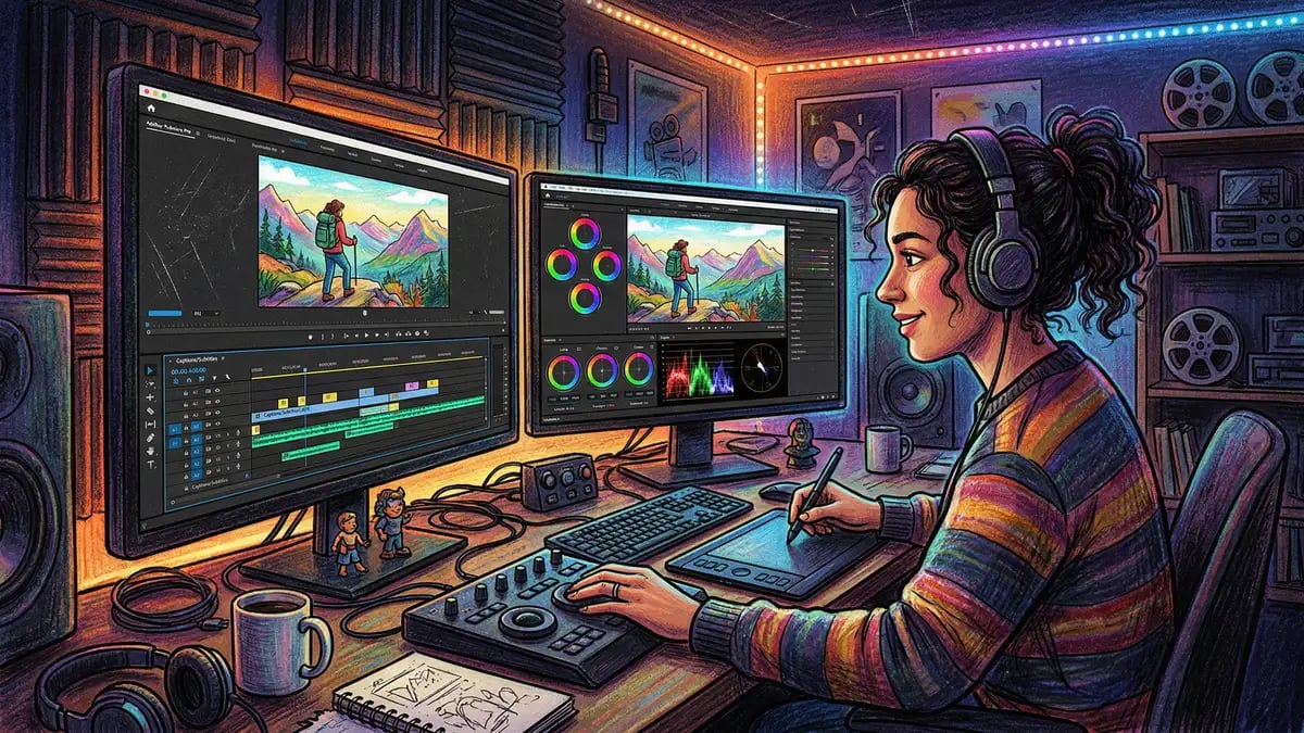 Video post-production editing suite with timeline and colour grading panels