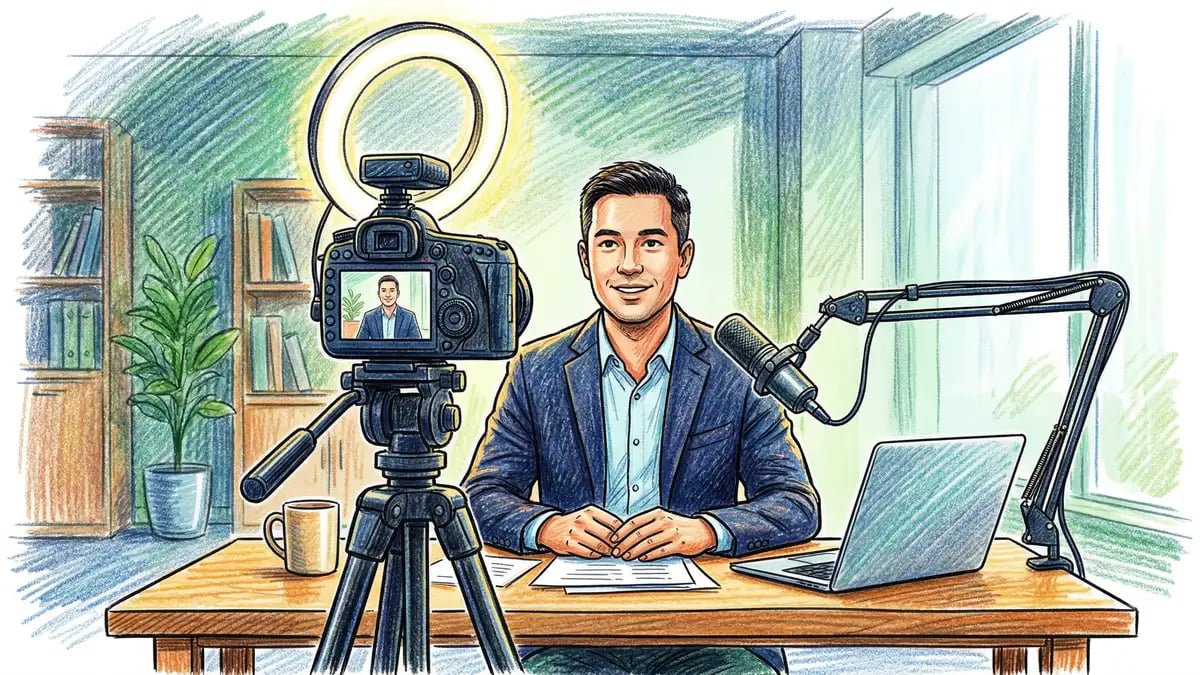 Professional B2B video production setup with camera, ring light, and microphone