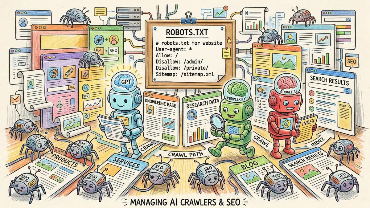 Pencil crayon illustration of AI search crawlers including ChatGPT and Perplexity bots visiting and indexing website pages alongside robots.txt configuration