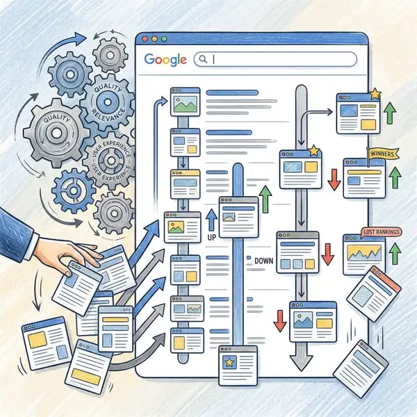 Pencil crayon illustration of Google algorithm updates affecting website search rankings with gears and arrows showing ranking movements