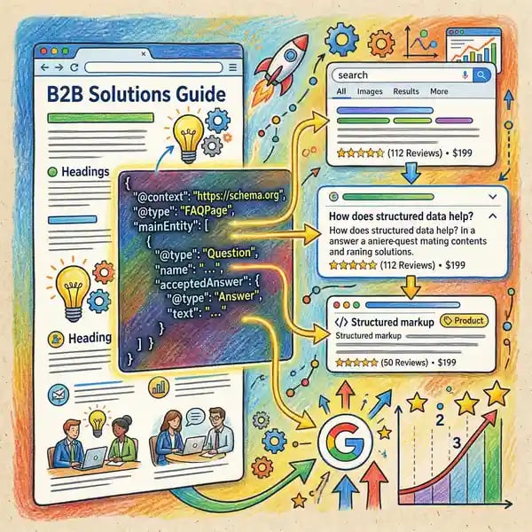 Pencil crayon illustration showing schema markup and structured data code enhancing Google search results with rich snippets and FAQ listings