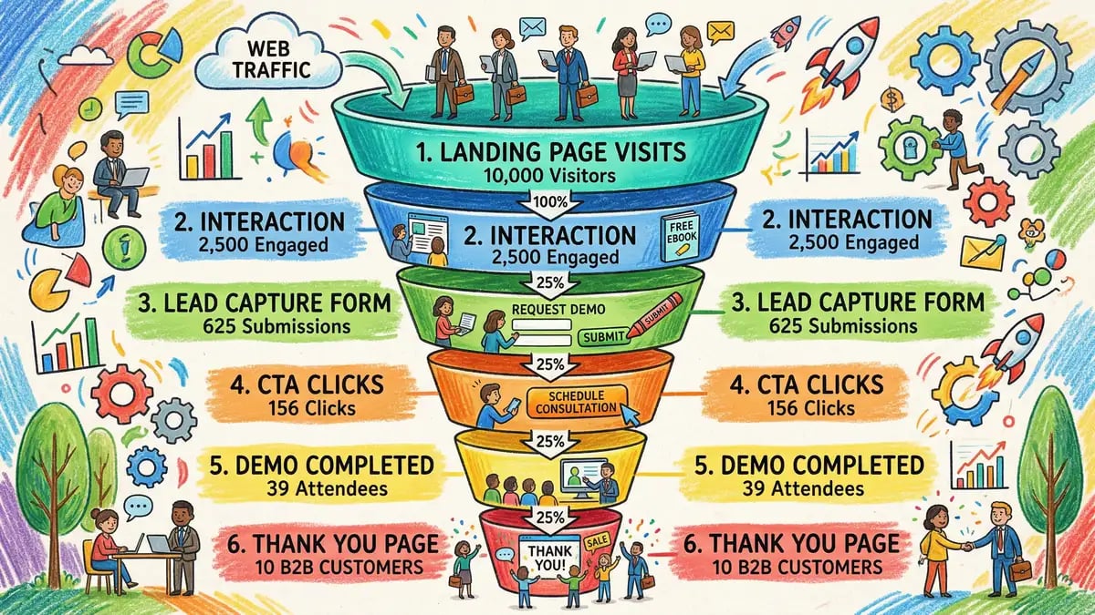 B2B website conversion funnel showing visitor journey from landing page through lead capture to conversion